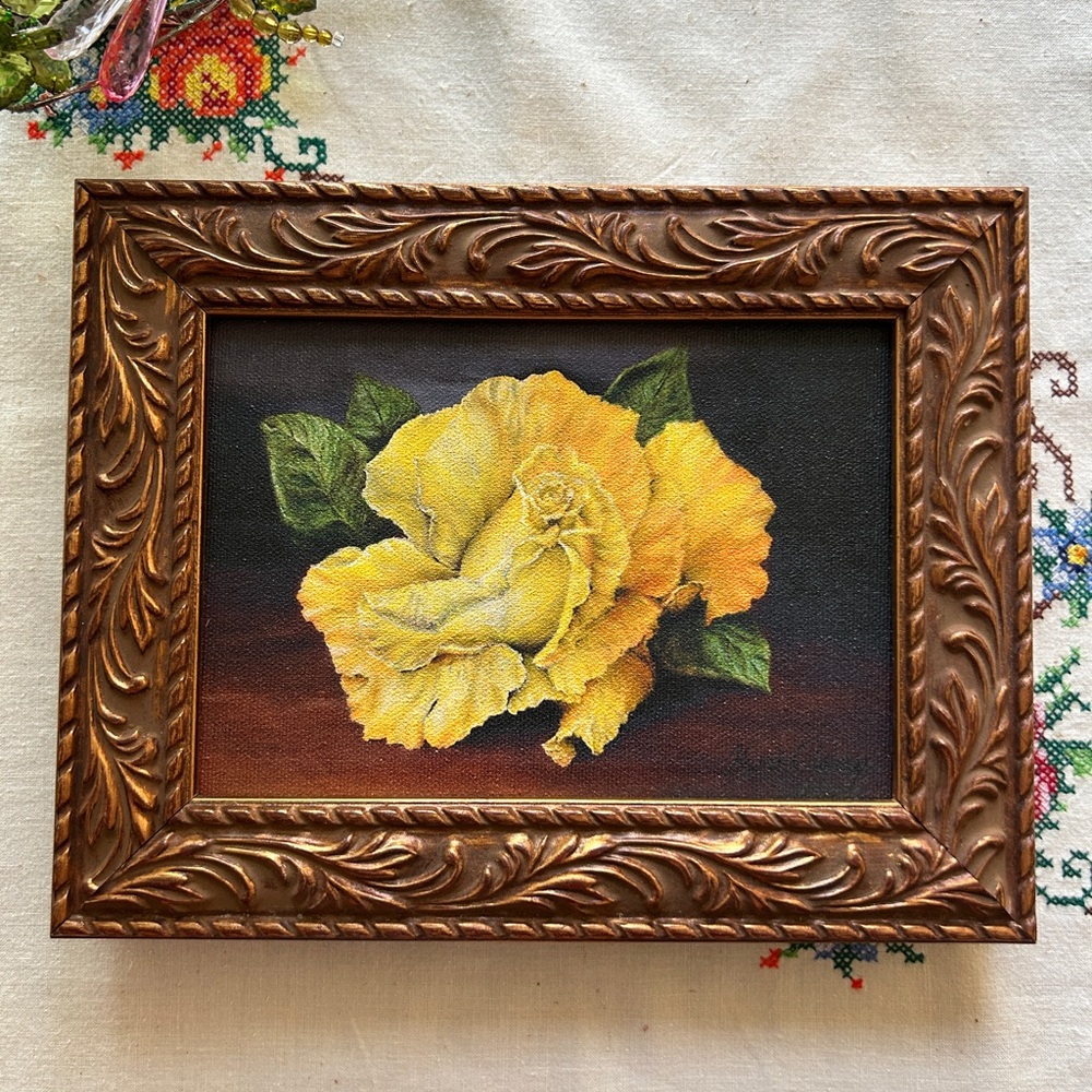 Vintage Framed Limited Edition Artist Print On Canvas Yellow Rose Signed